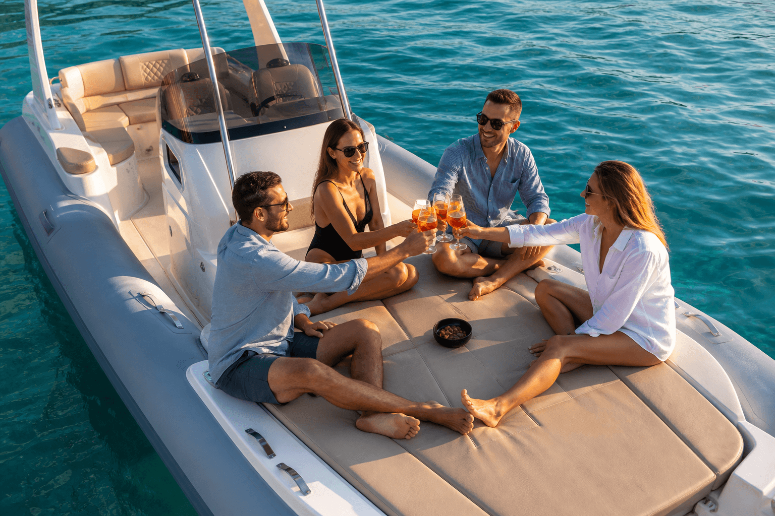 Drinks on a RIB, sunpads forward