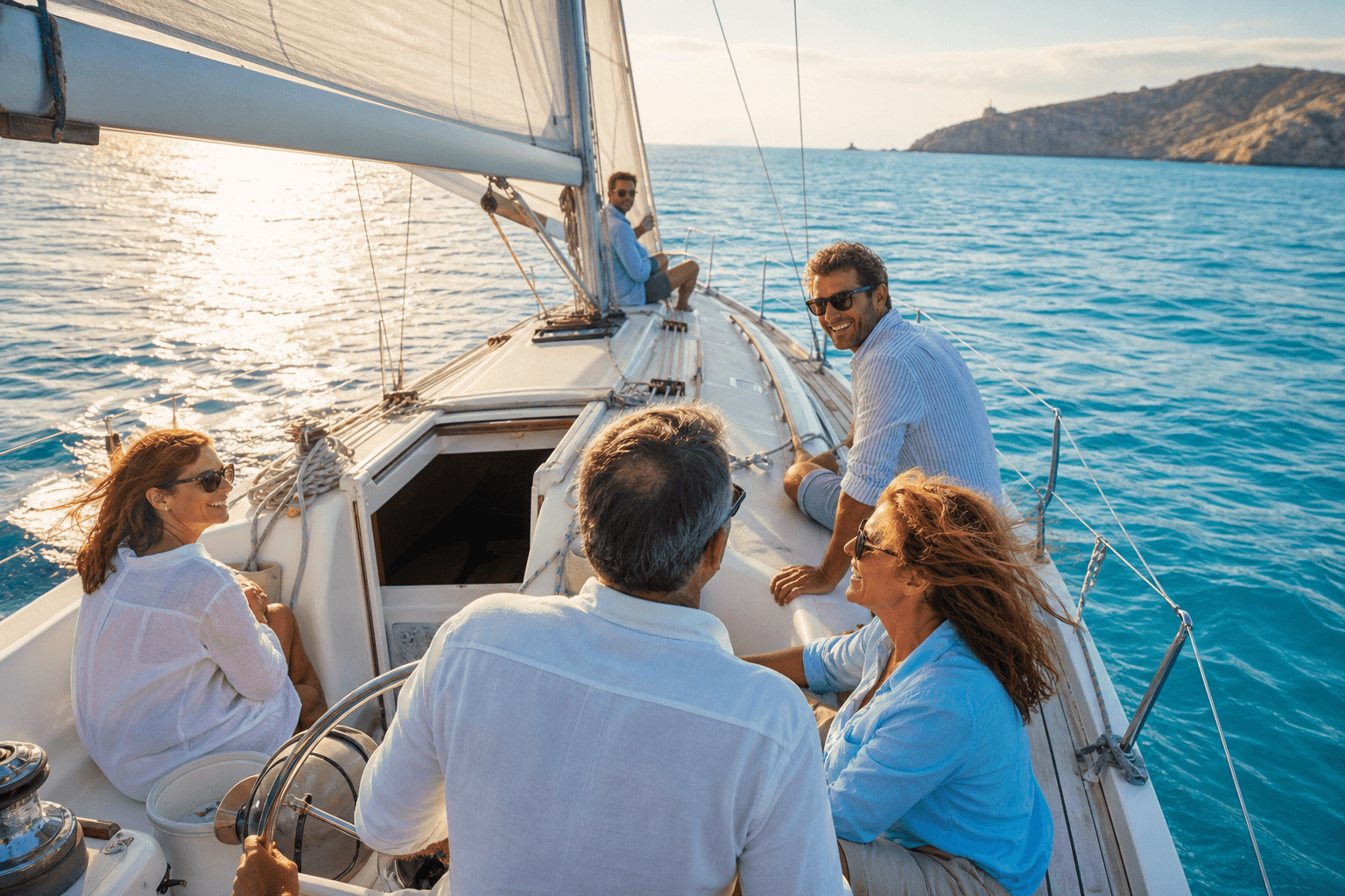 Guests on a sailboat in evening light